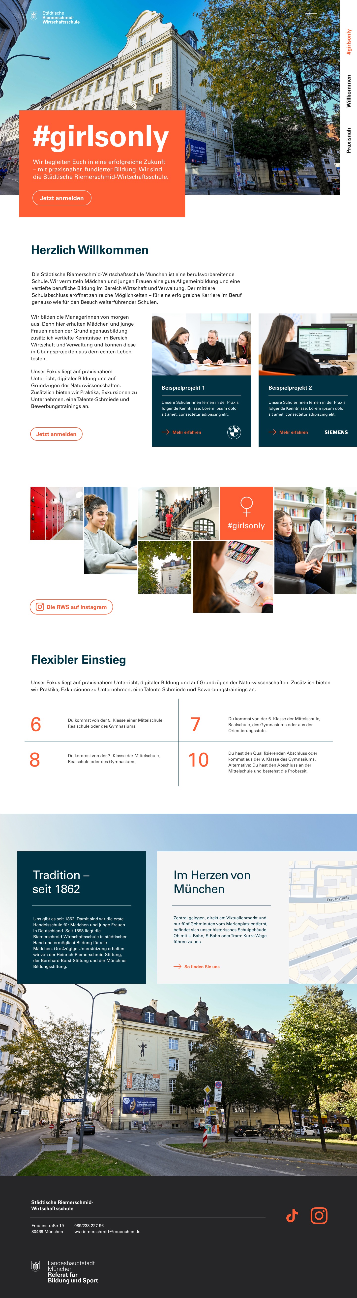 Website-Konzept der Riemerschmid-Wirtschaftsschule mit Schulgebäude und orangefarbenem Einstieg